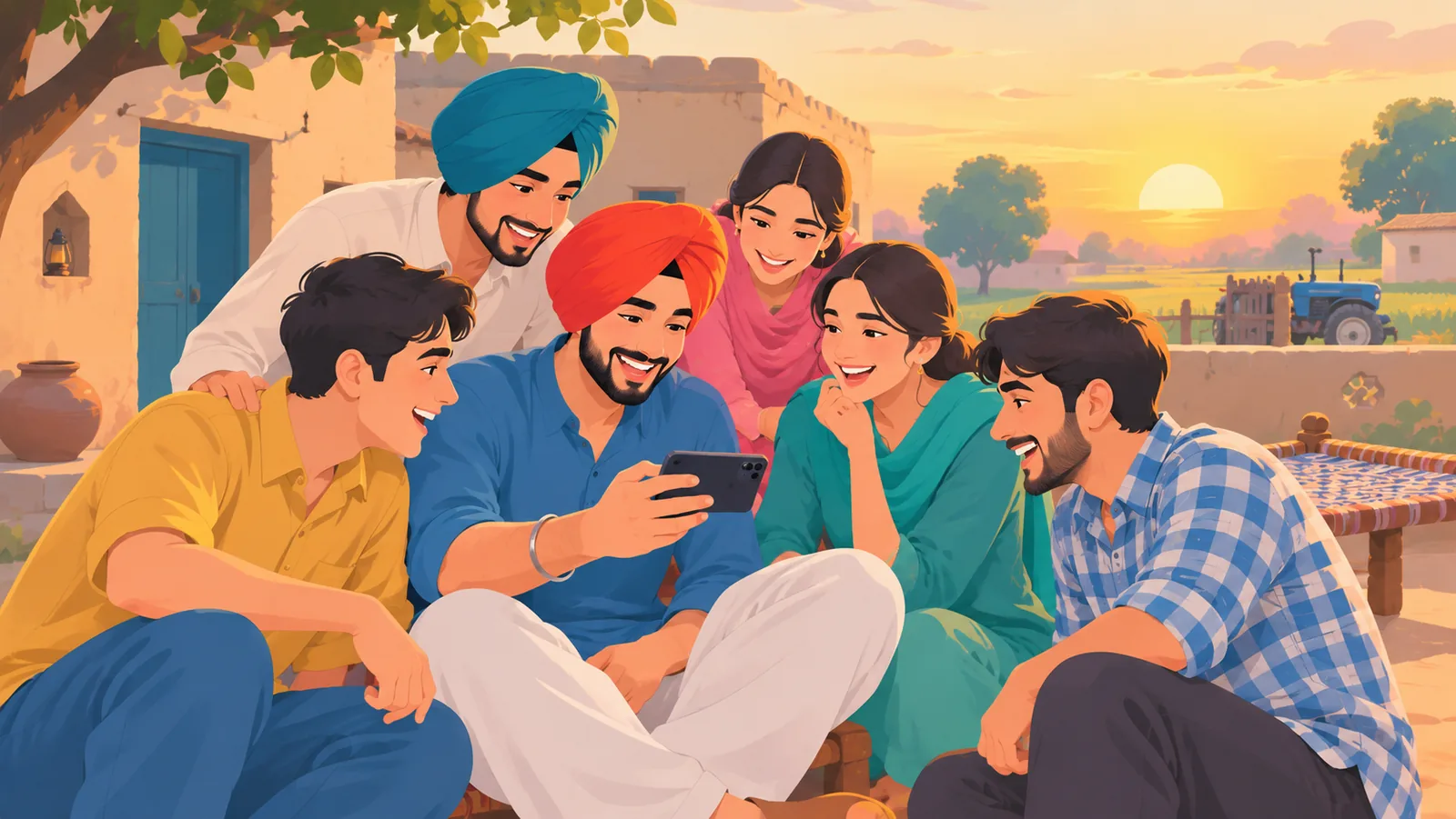 ਪੰਜਾਬ ਦੇ ਵਿਹੜੇ ਵਿੱਚ ਦੋਸਤ ਮੋਬਾਈਲ ਉੱਤੇ ਫ਼ਿਲਮ ਦੇਖਦੇ ਹੋਏ