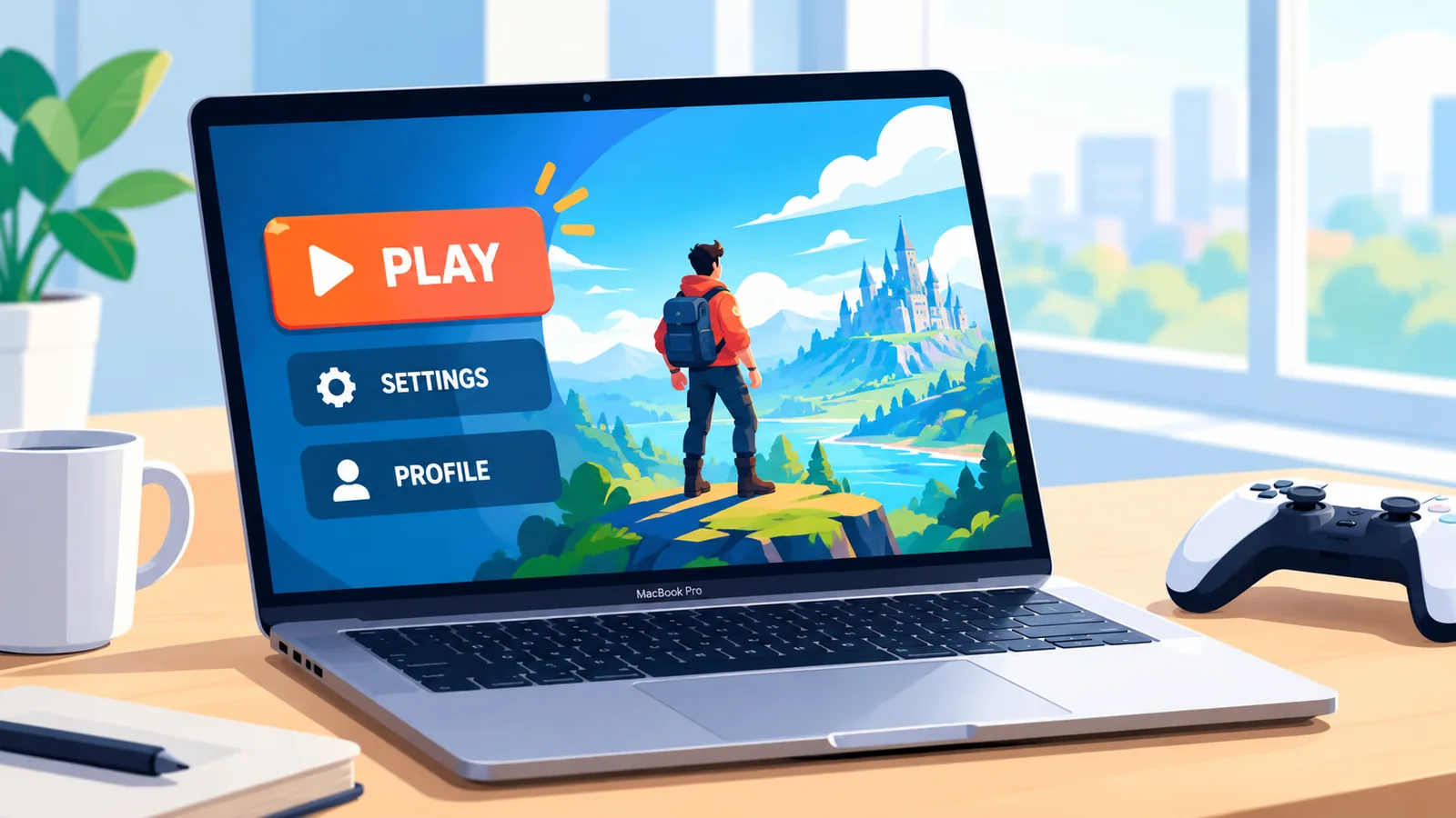 Mac 'ਤੇ ਗੇਮ ਮੀਨੂ ਦਿਖਾਉਂਦਾ MacBook