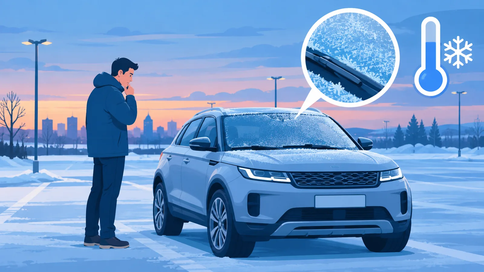 Kierowca na pustym parkingu zimą przy rozładowanym aucie