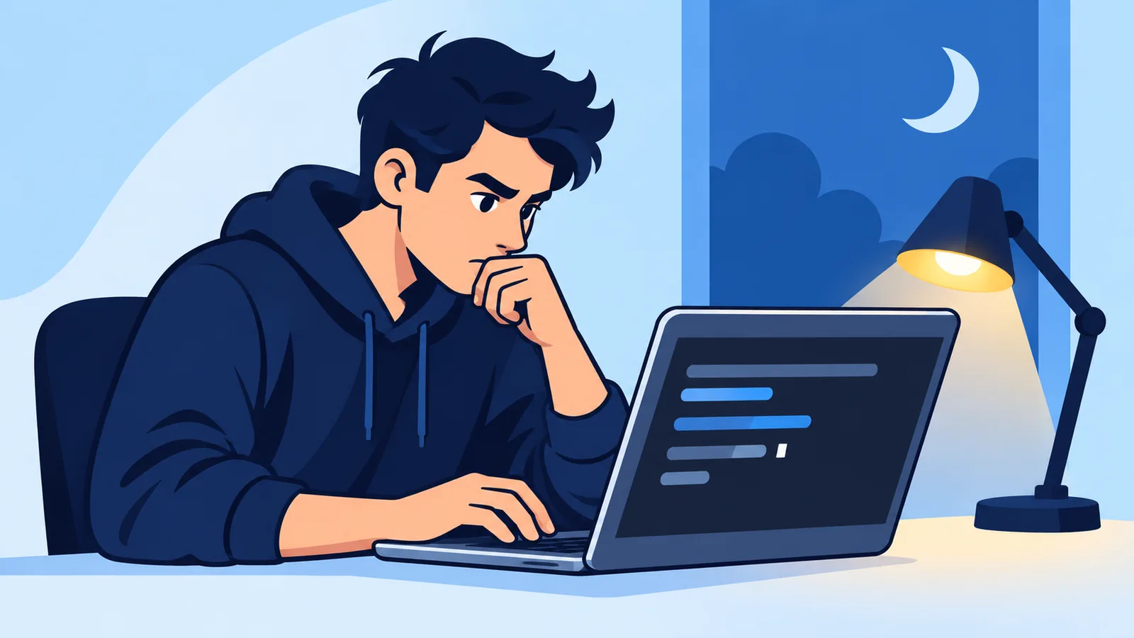 Programista wraca do przerwanej sesji Claude Code wieczorem