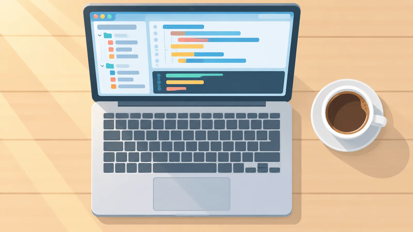 Laptop z otwartym terminalem wznawiającym ostatnią sesję projektu