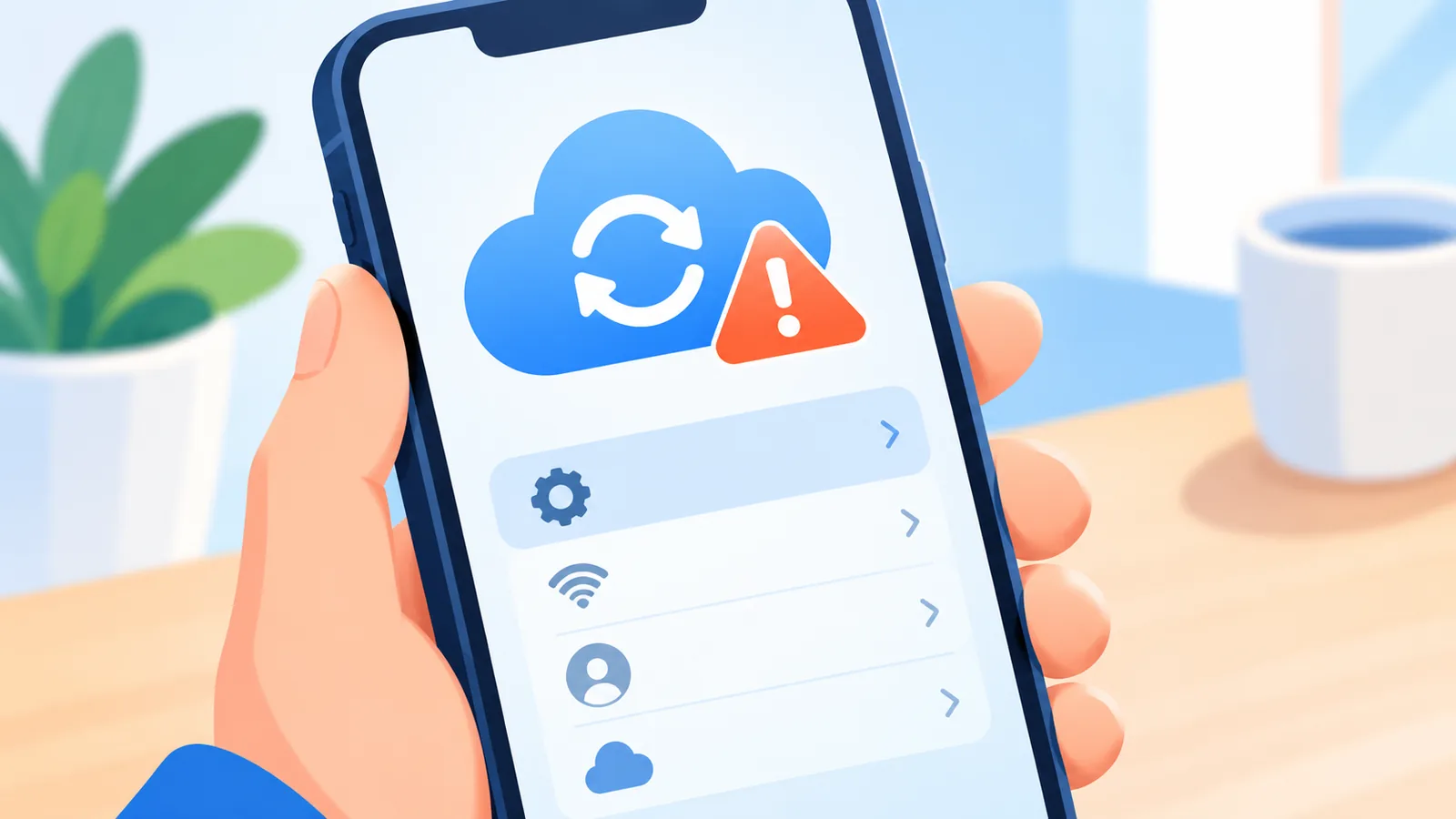 Ekran smartfona z ostrzeżeniem o błędzie synchronizacji iCloud