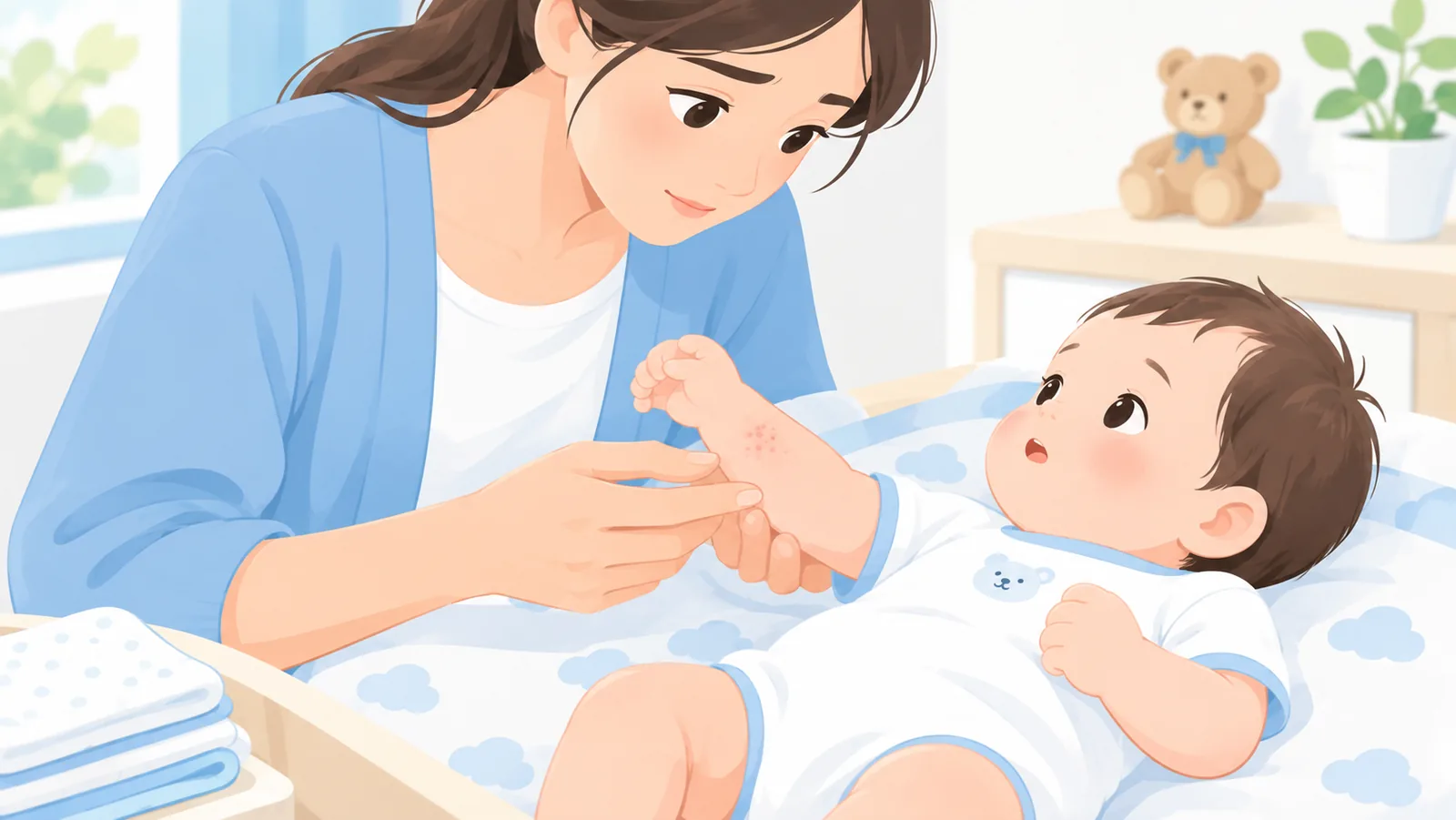 Mama sprawdza skórę niemowlęcia pod kątem reakcji alergicznej