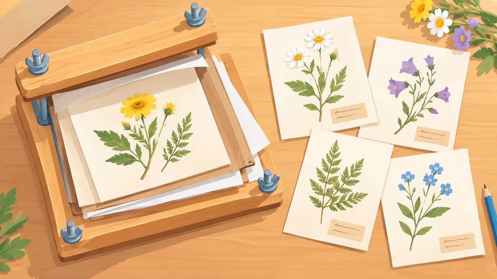 Prasa do roślin z zasuszonymi okazami i etykietami herbarium