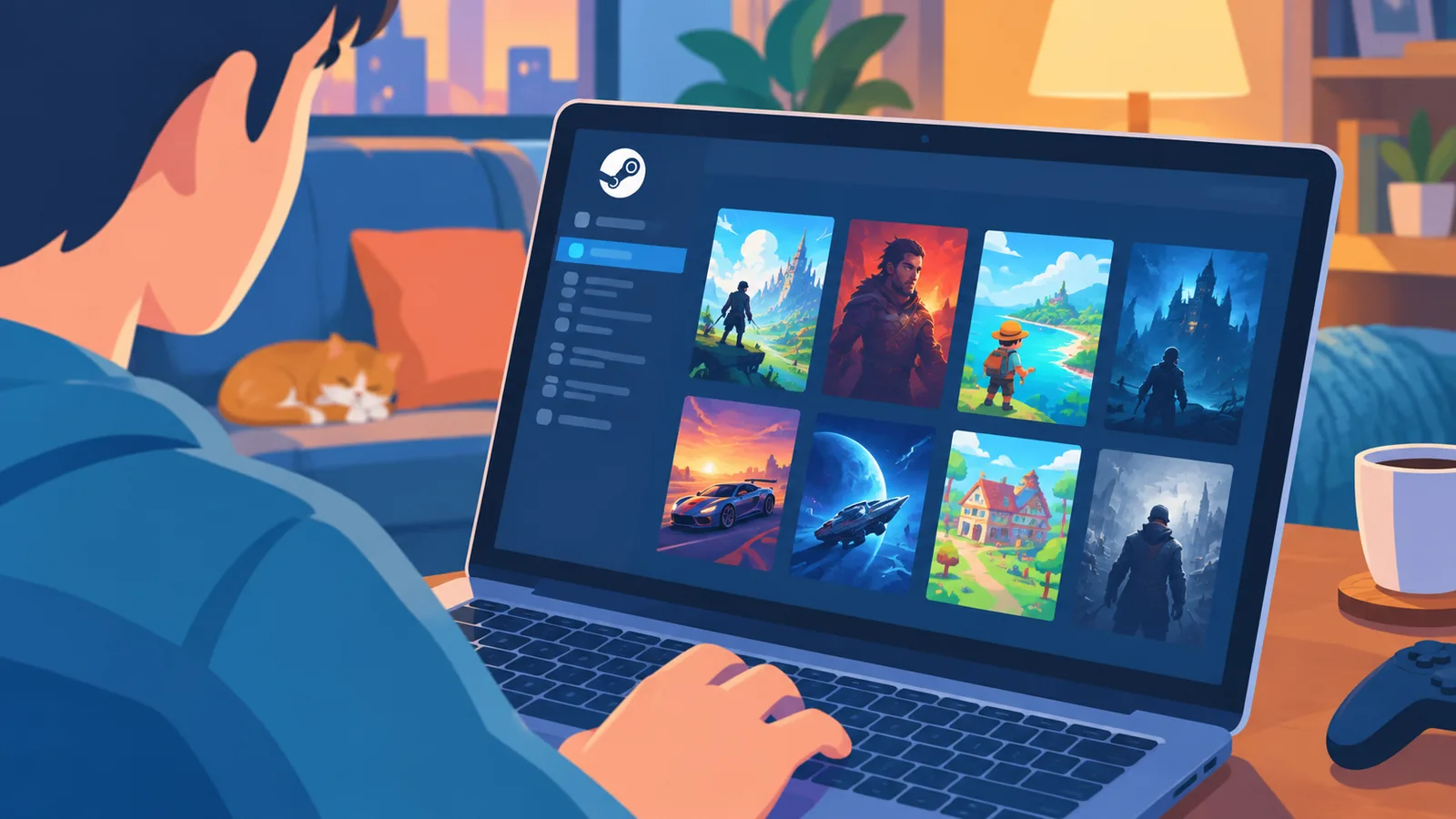 Ekran laptopa z biblioteką gier Steam