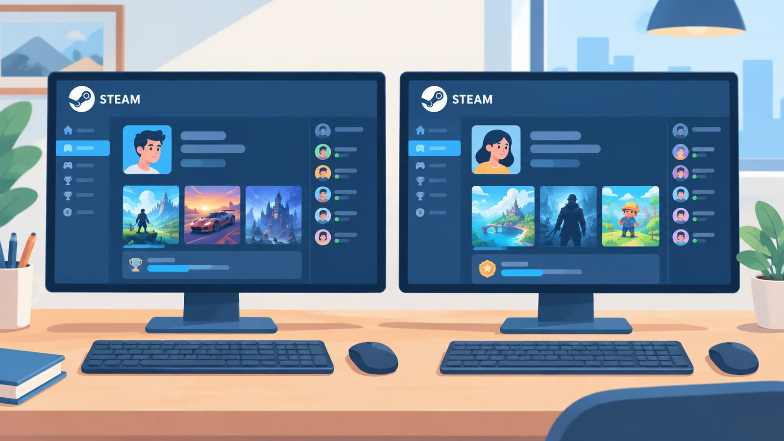 Dwa monitory z osobnymi profilami Steam Family