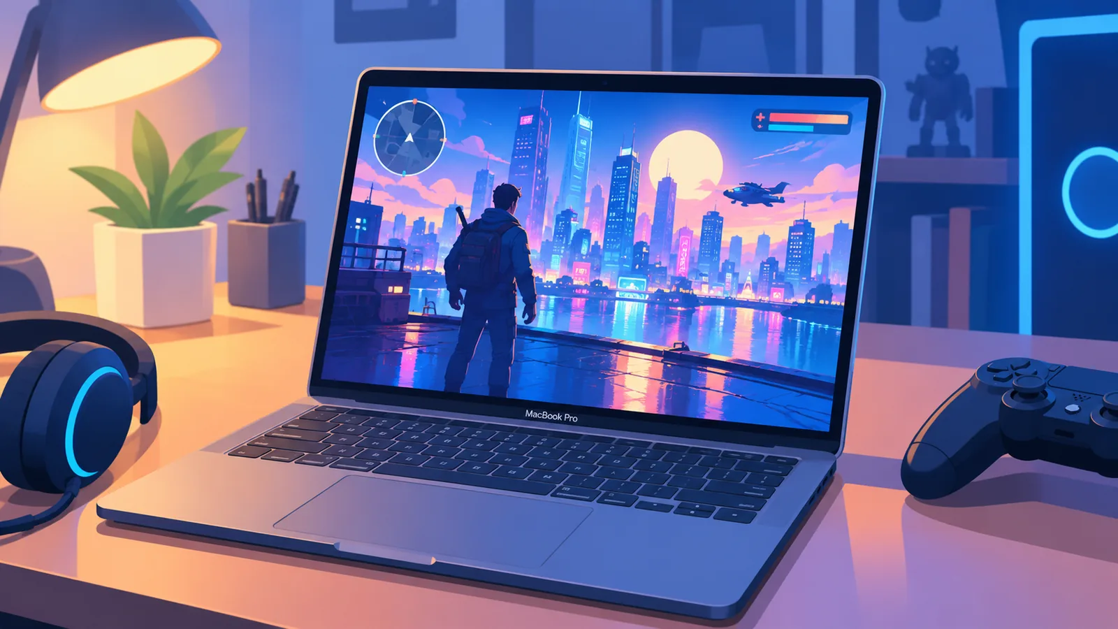 Gra akcji uruchomiona na MacBooku Pro w ciemnym pokoju