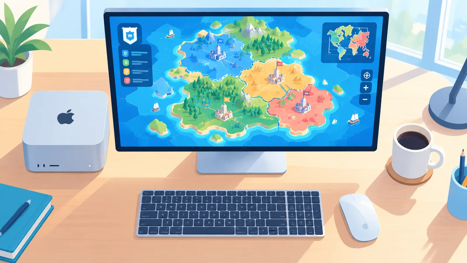 Gra strategiczna na monitorze podłączonym do Mac Studio
