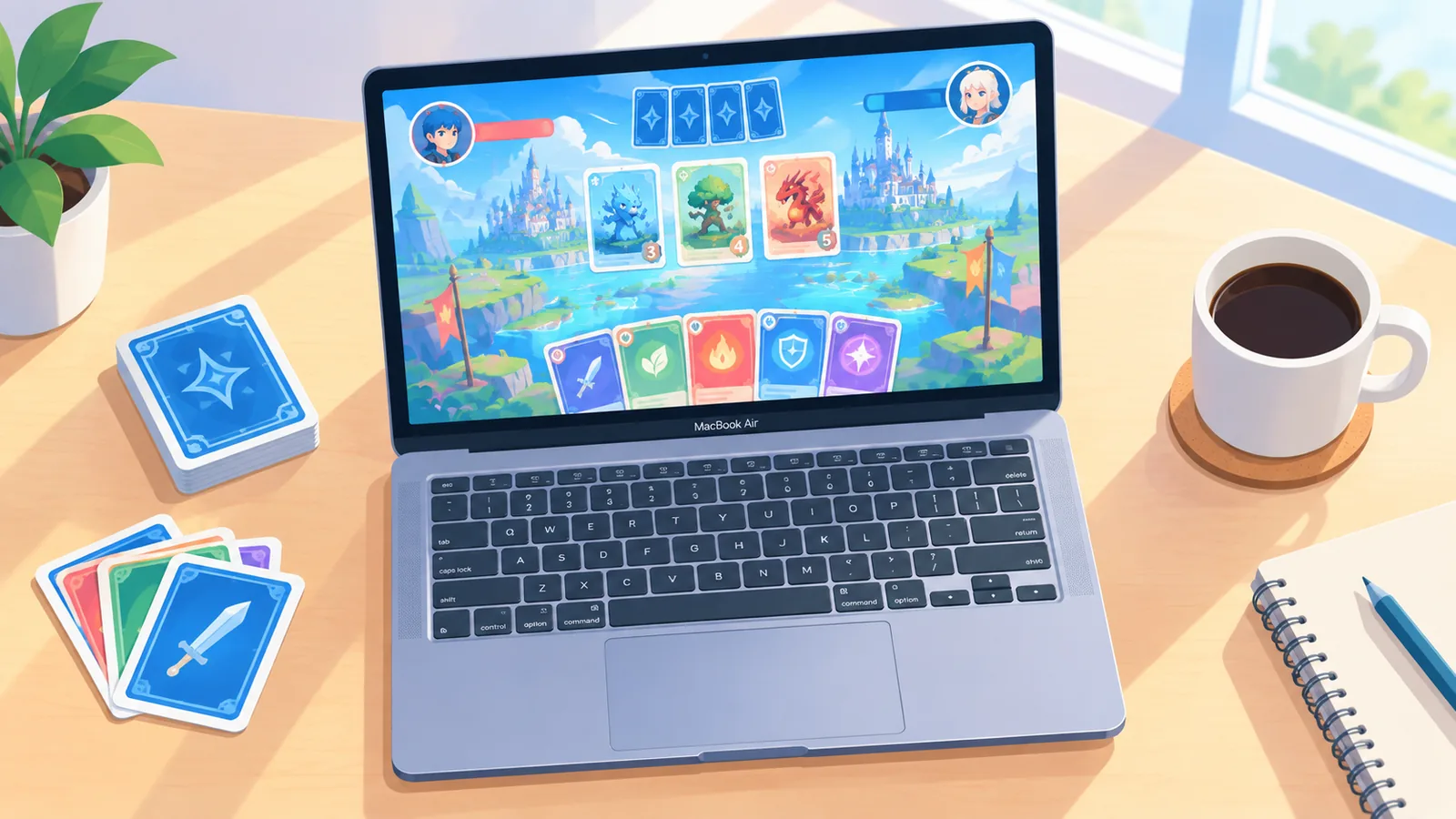 MacBook Air z uruchomioną grą karcianą przy filiżance kawy