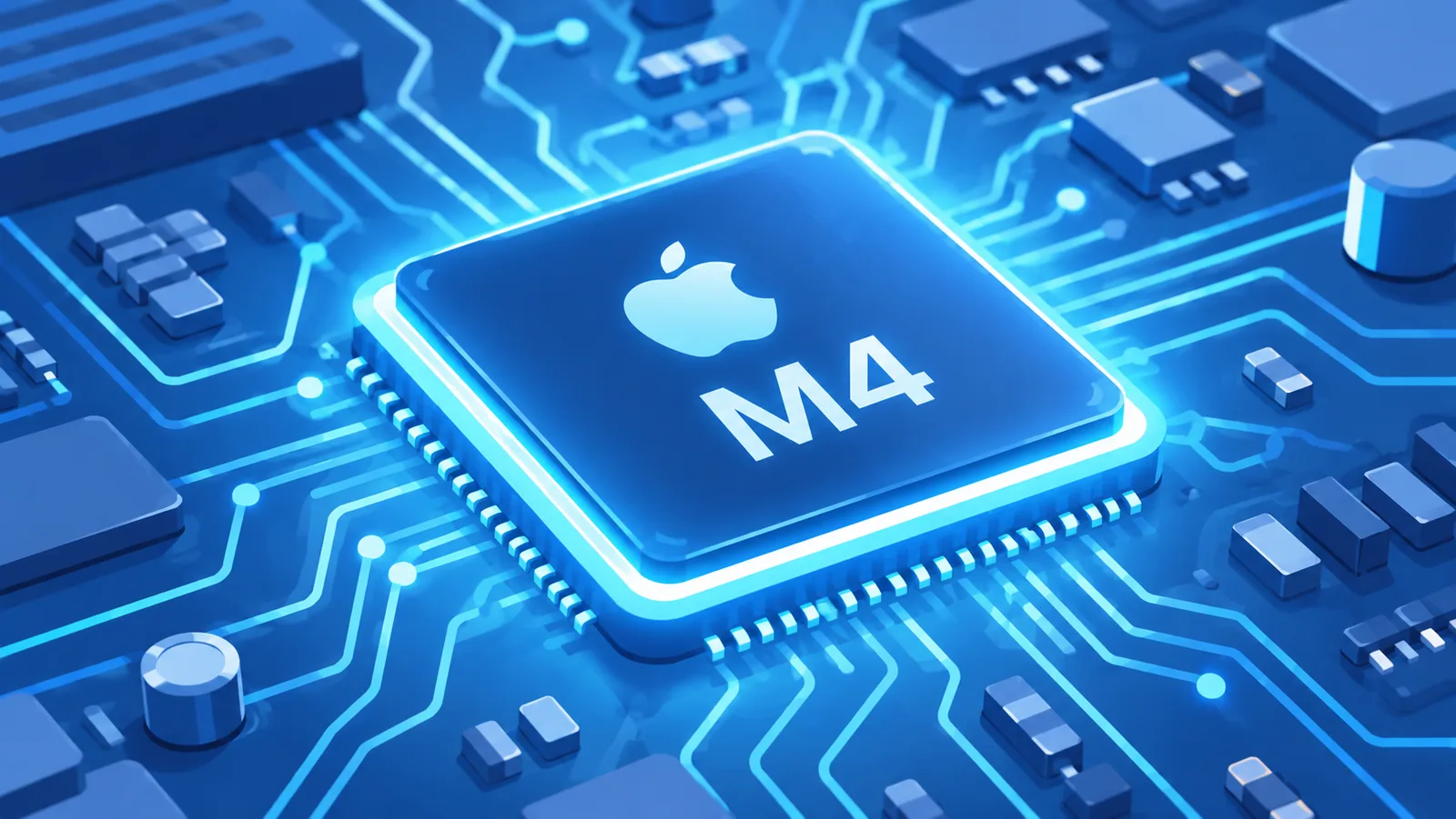 Ilustracja chipu Apple Silicon w niebieskim oświetleniu