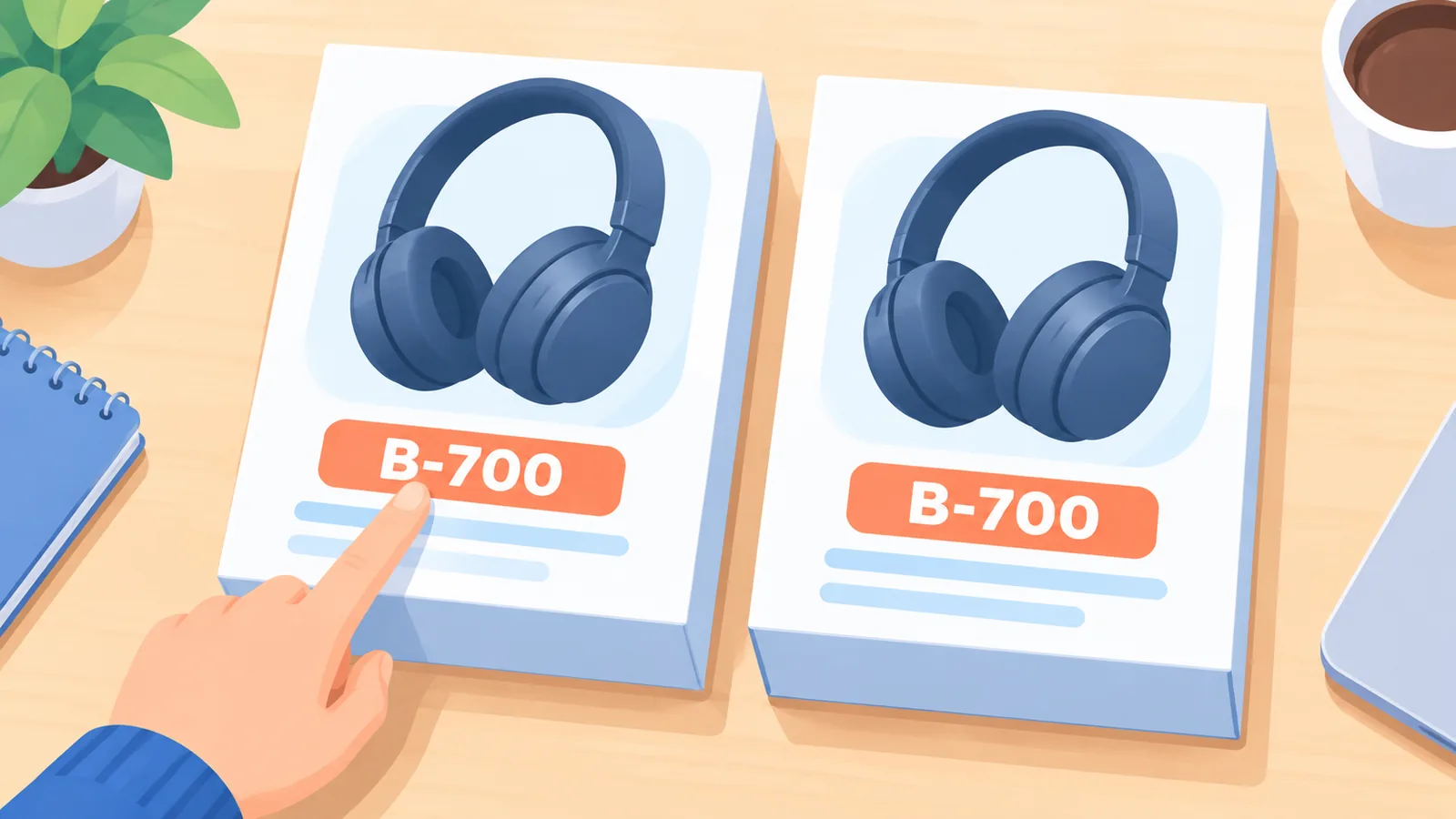 Dwa identyczne pudełka ze słuchawkami i palec wskazujący numer modelu