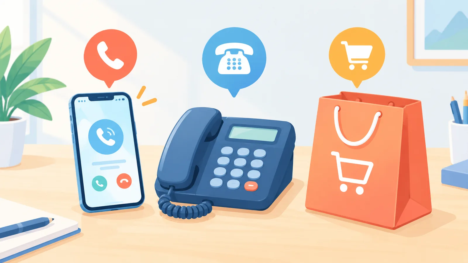 Telefon komórkowy, telefon stacjonarny i torba na zakupy na biurku