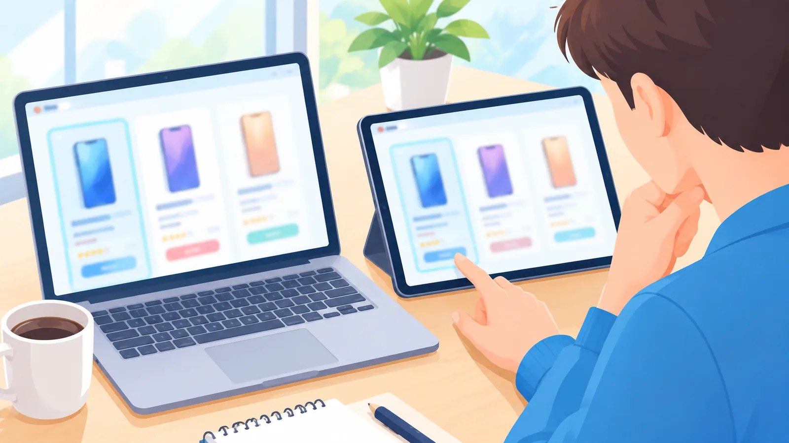Porównywanie ofert telefonów na laptopie i tablecie