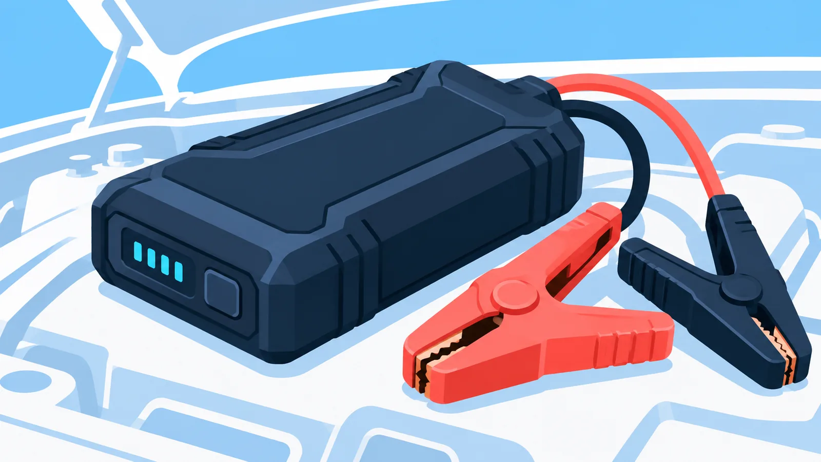 Arrancador de bateria portátil próximo ao motor do carro