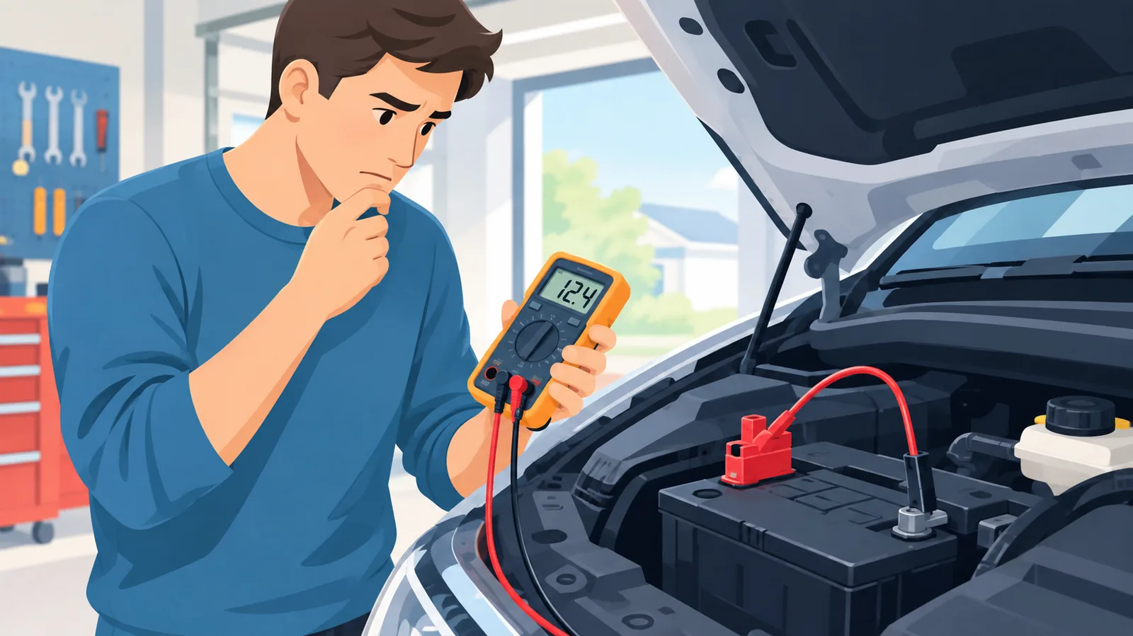 Motorista segurando um multímetro digital diante do motor aberto de um carro