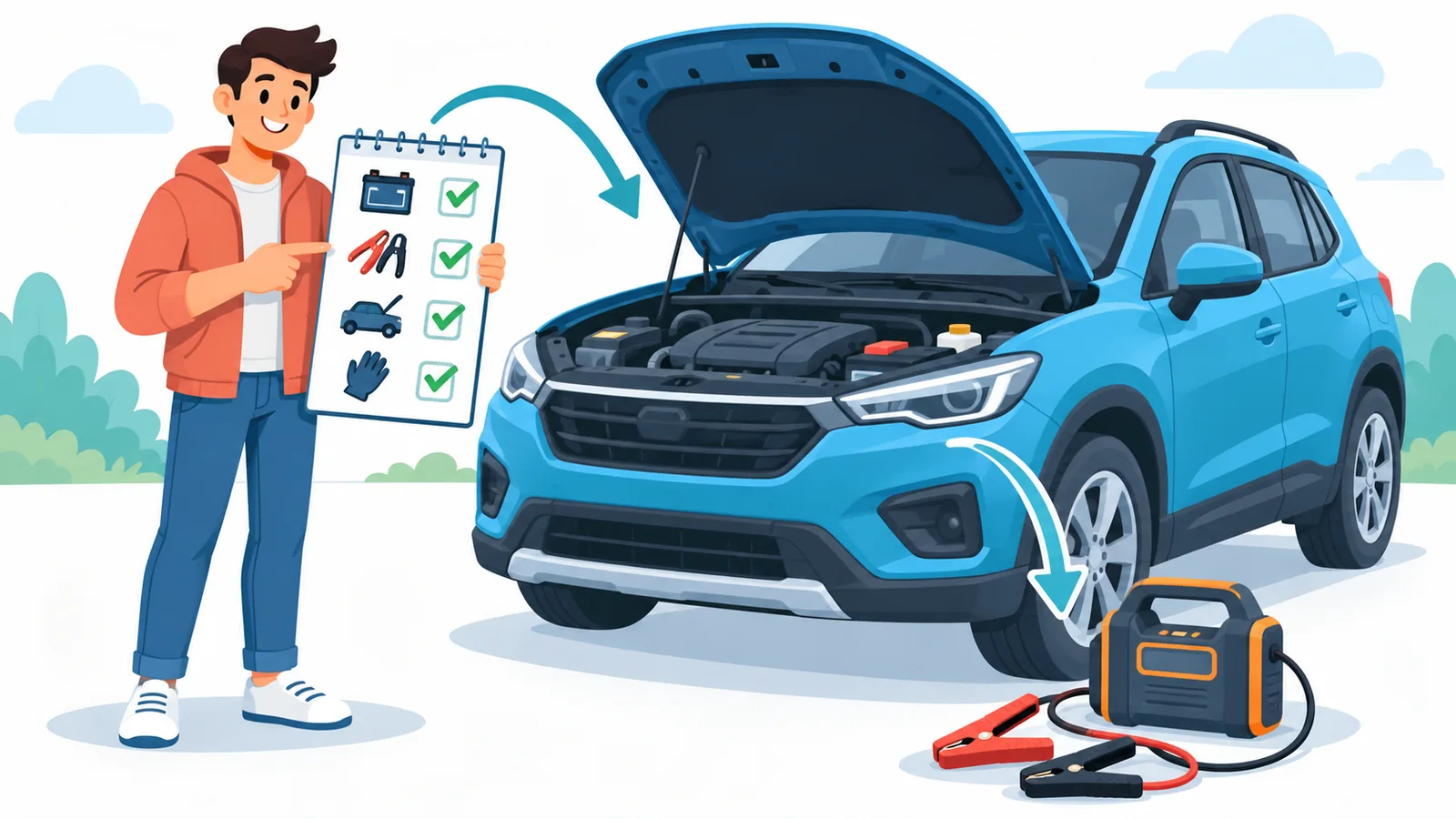 Checklist de compra de auxiliar de partida ao lado do carro