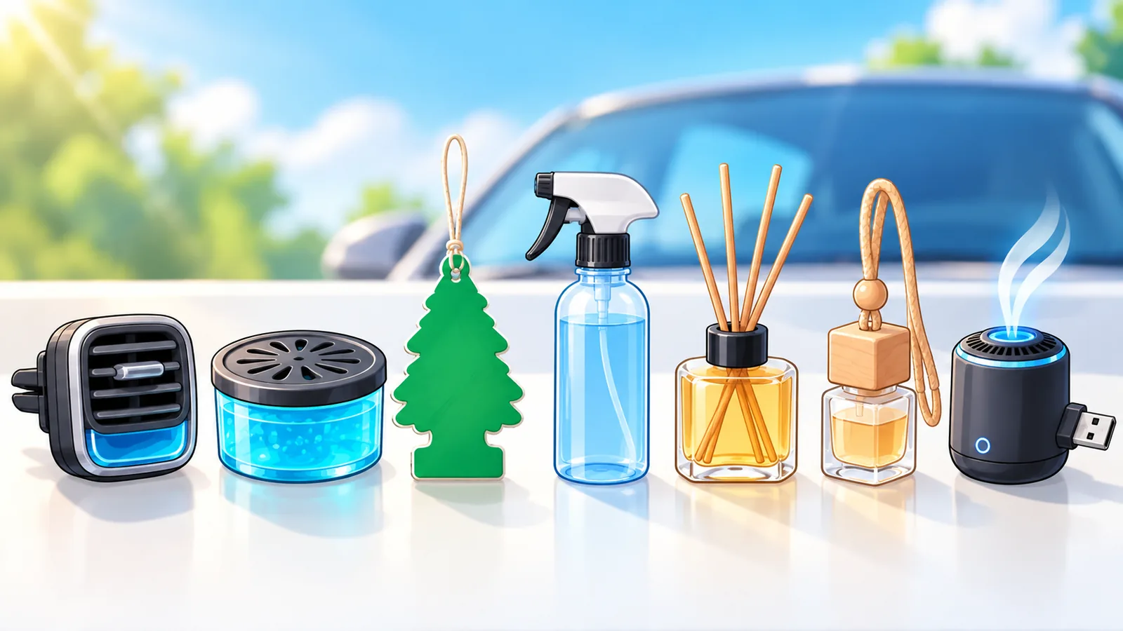 Aromatizantes automotivos alinhados lado a lado para comparação