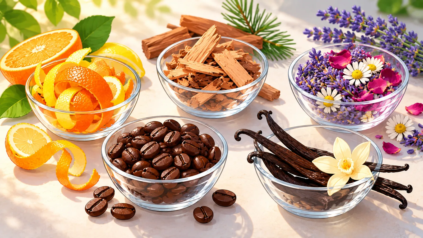 Ingredientes que representam as famílias de fragrância: cítrico, amadeirado, floral, café e baunilha