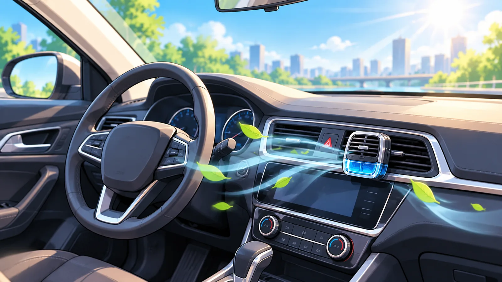 Interior de carro limpo com um aromatizante de clipe discreto