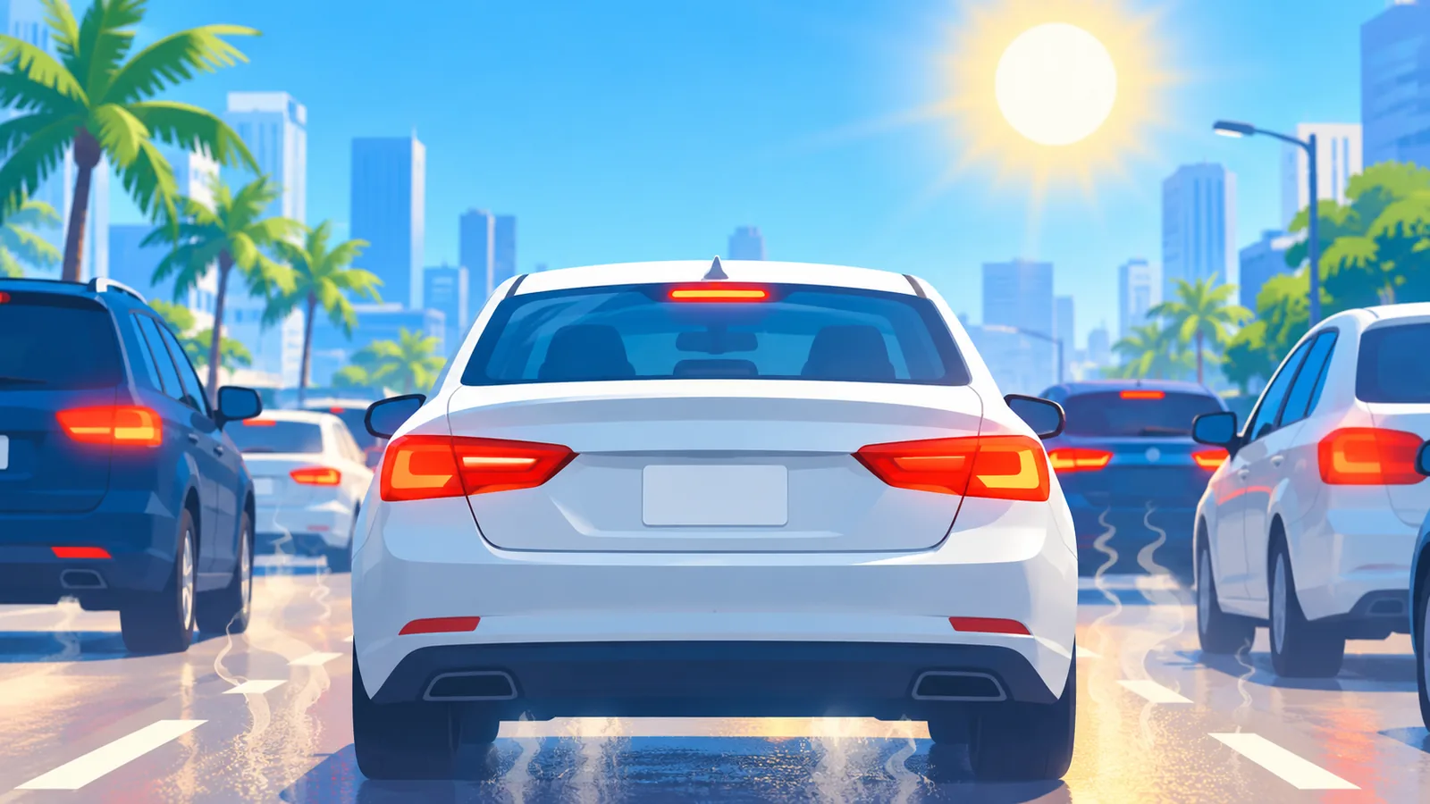 Carro parado em trânsito pesado sob sol forte de cidade tropical