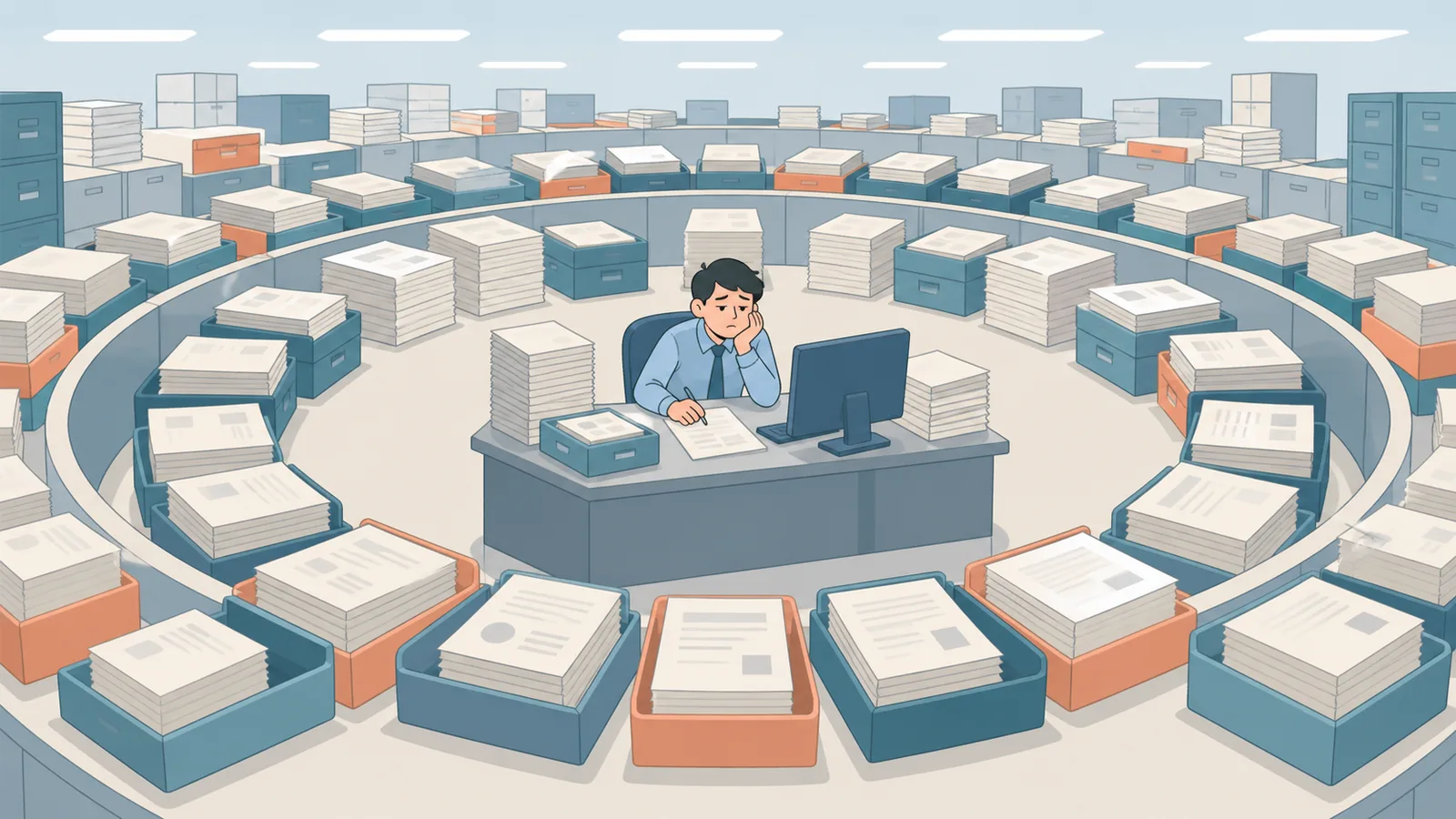Funcionário entediado cercado de tarefas repetitivas na mesa de trabalho
