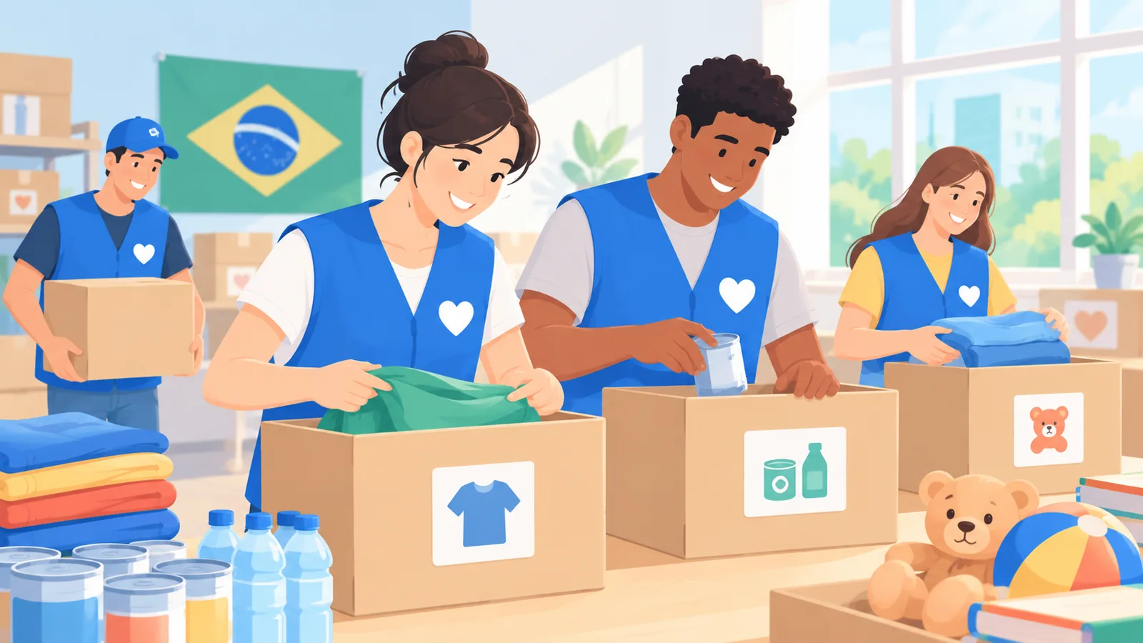 Voluntários brasileiros organizando doações em centro comunitário