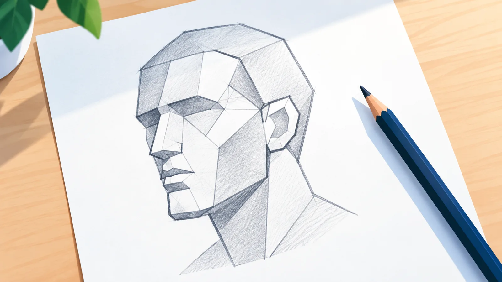 Cabeça simplificada em blocos desenhada a lápis em uma folha de papel