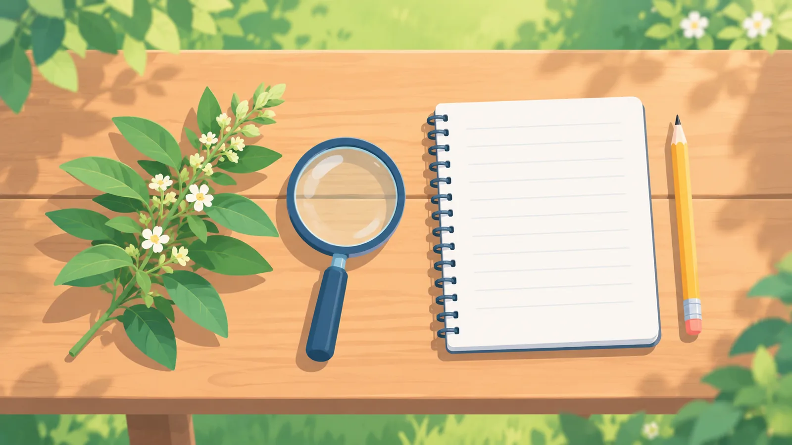 Folha fresca ao lado de lupa e caderno de campo para estudo de botânica