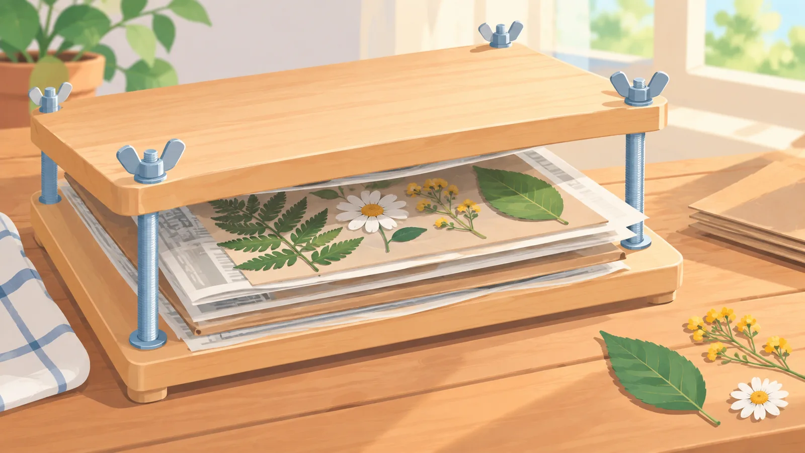 Livro técnico aberto com ilustrações coloridas de plantas sobre a mesa