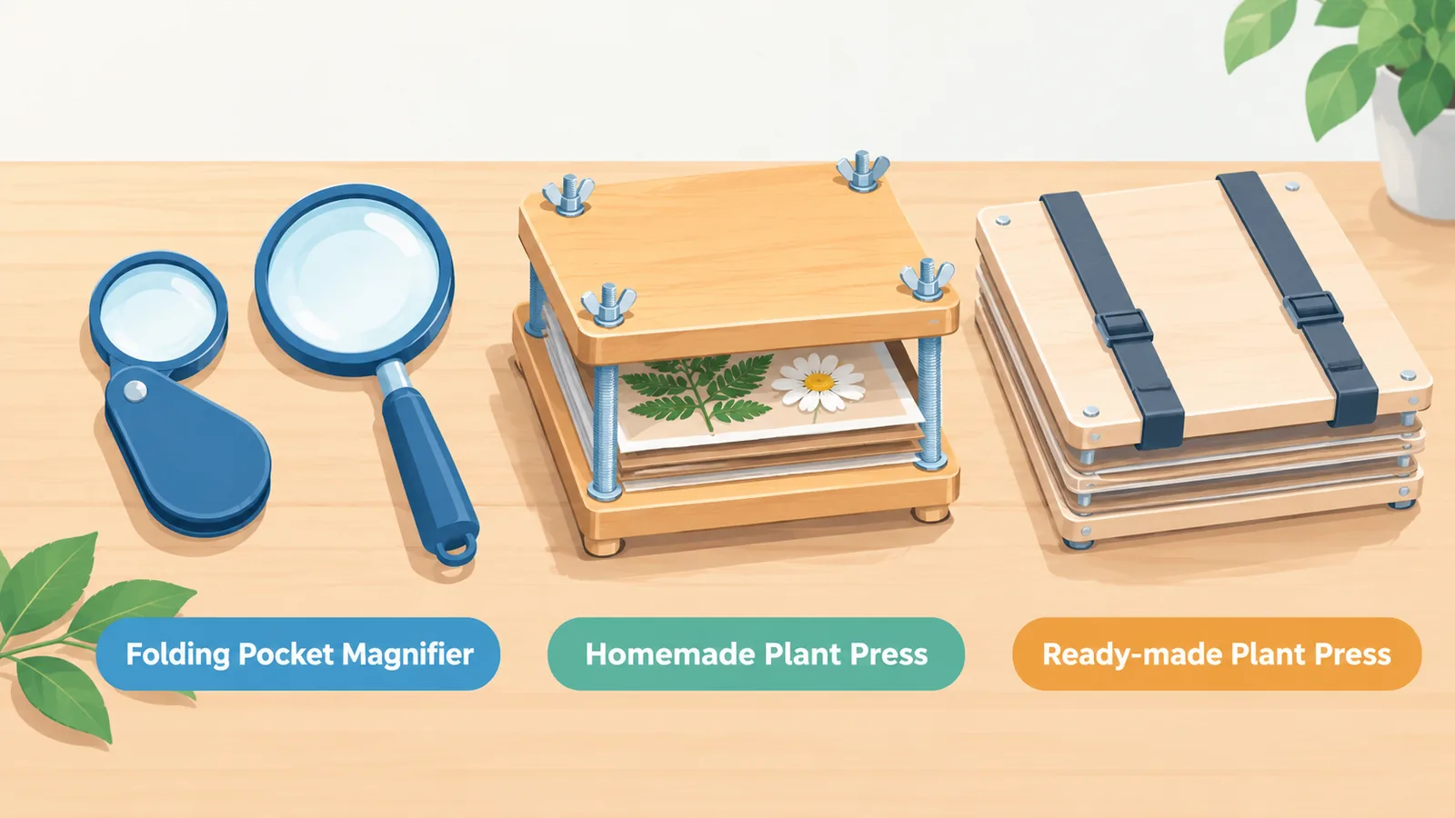Kit de estudo com herbário, atlas botânico, fichas e caderno de anotações