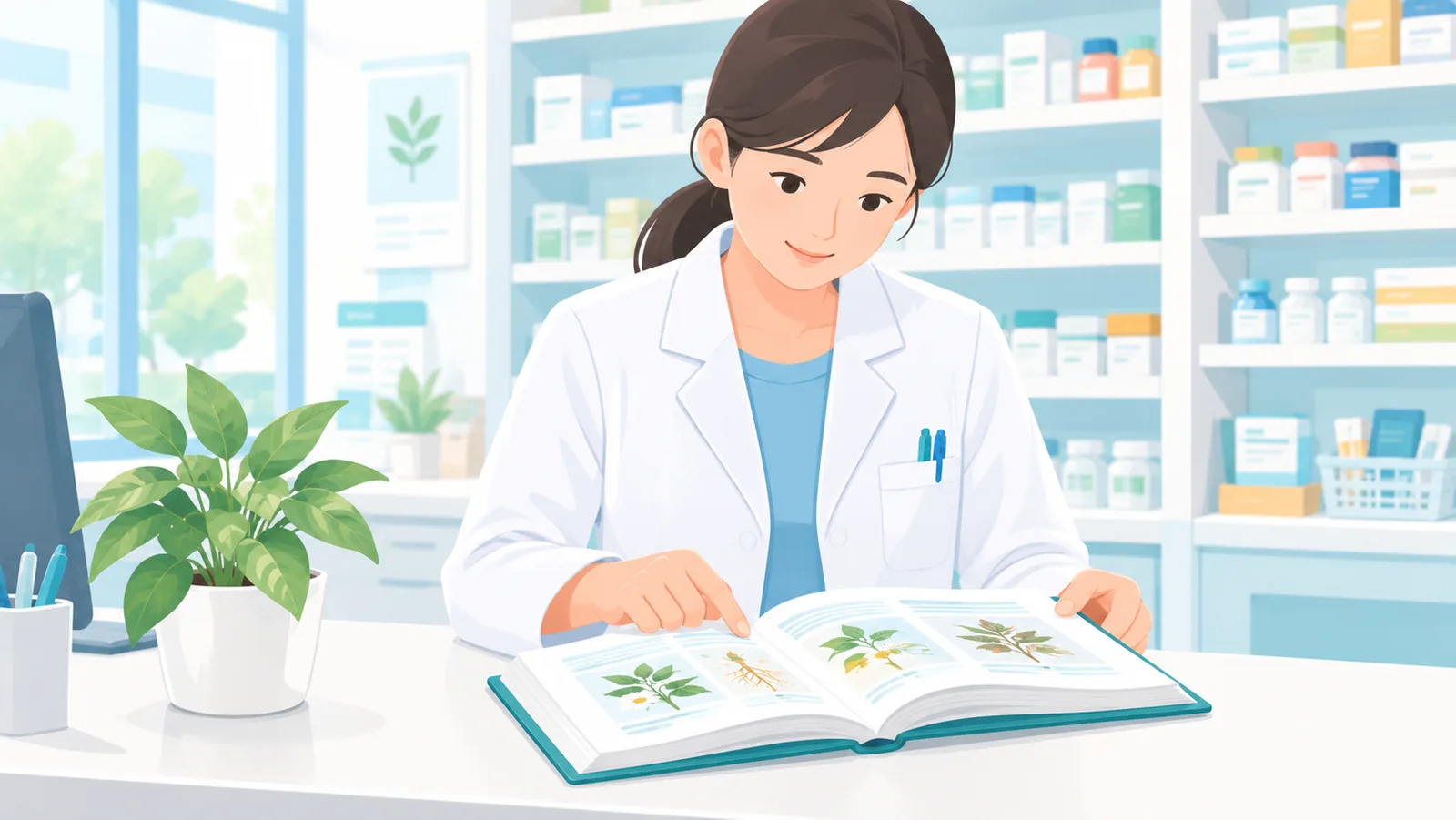 Farmacêutico consultando um livro de referência no balcão da farmácia