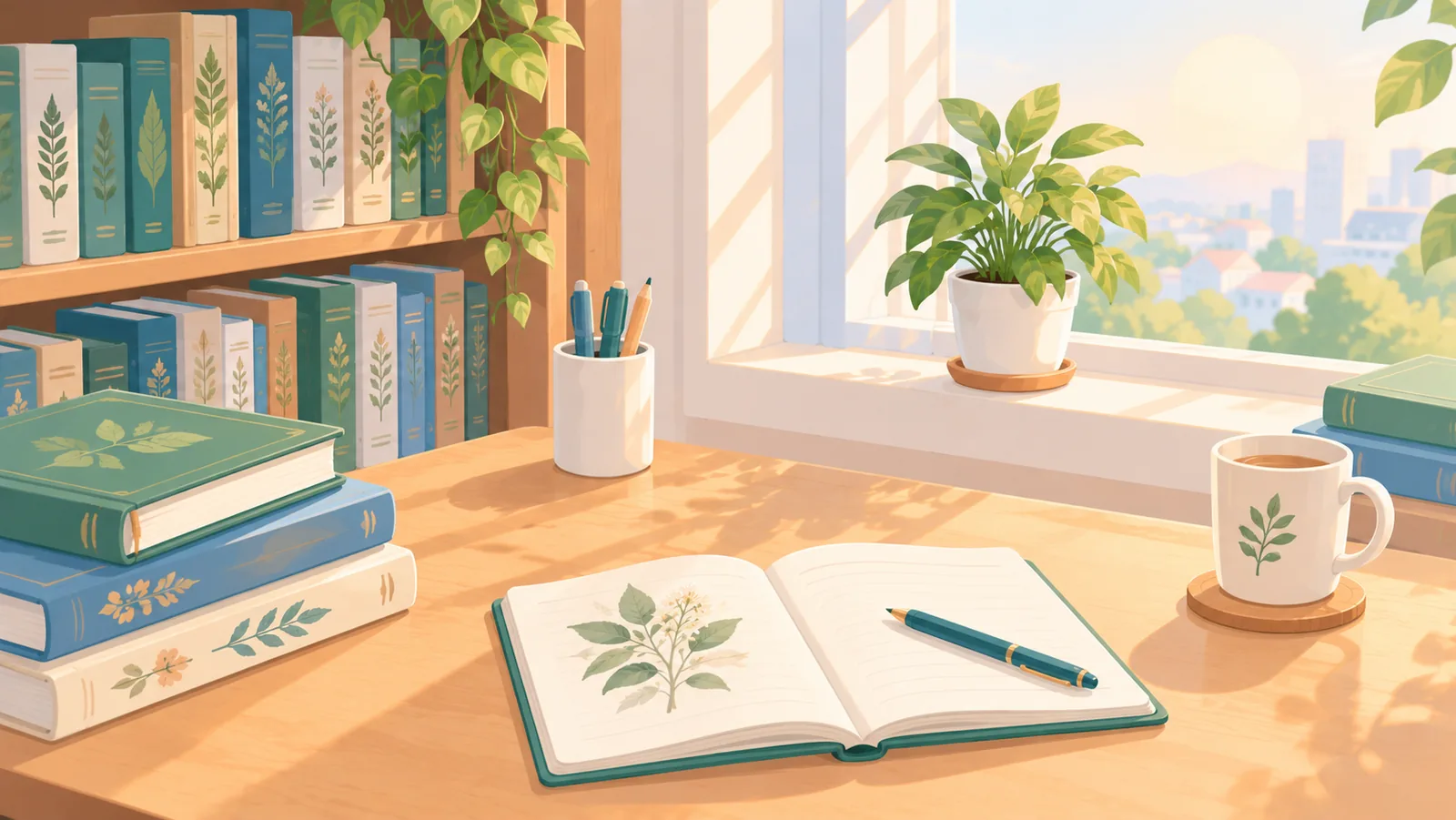 Cantinho de estudos com estante de livros de botânica e planta na janela