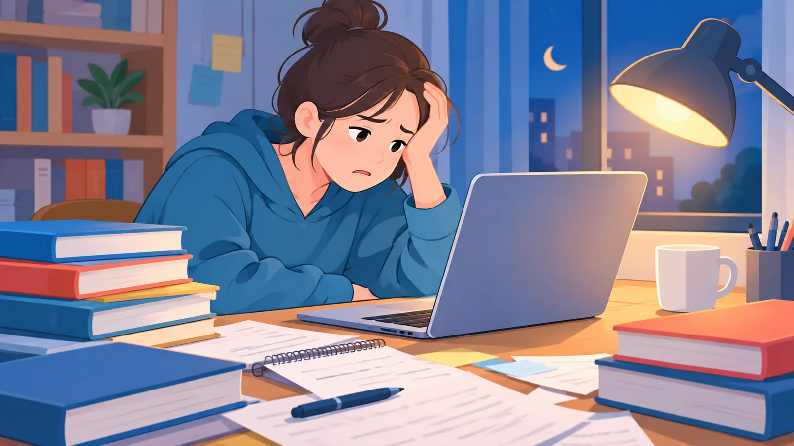 Estudante cansado diante de livros e anotações desorganizadas