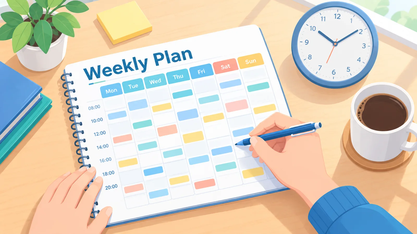 Agenda semanal com blocos de horário sendo preenchidos