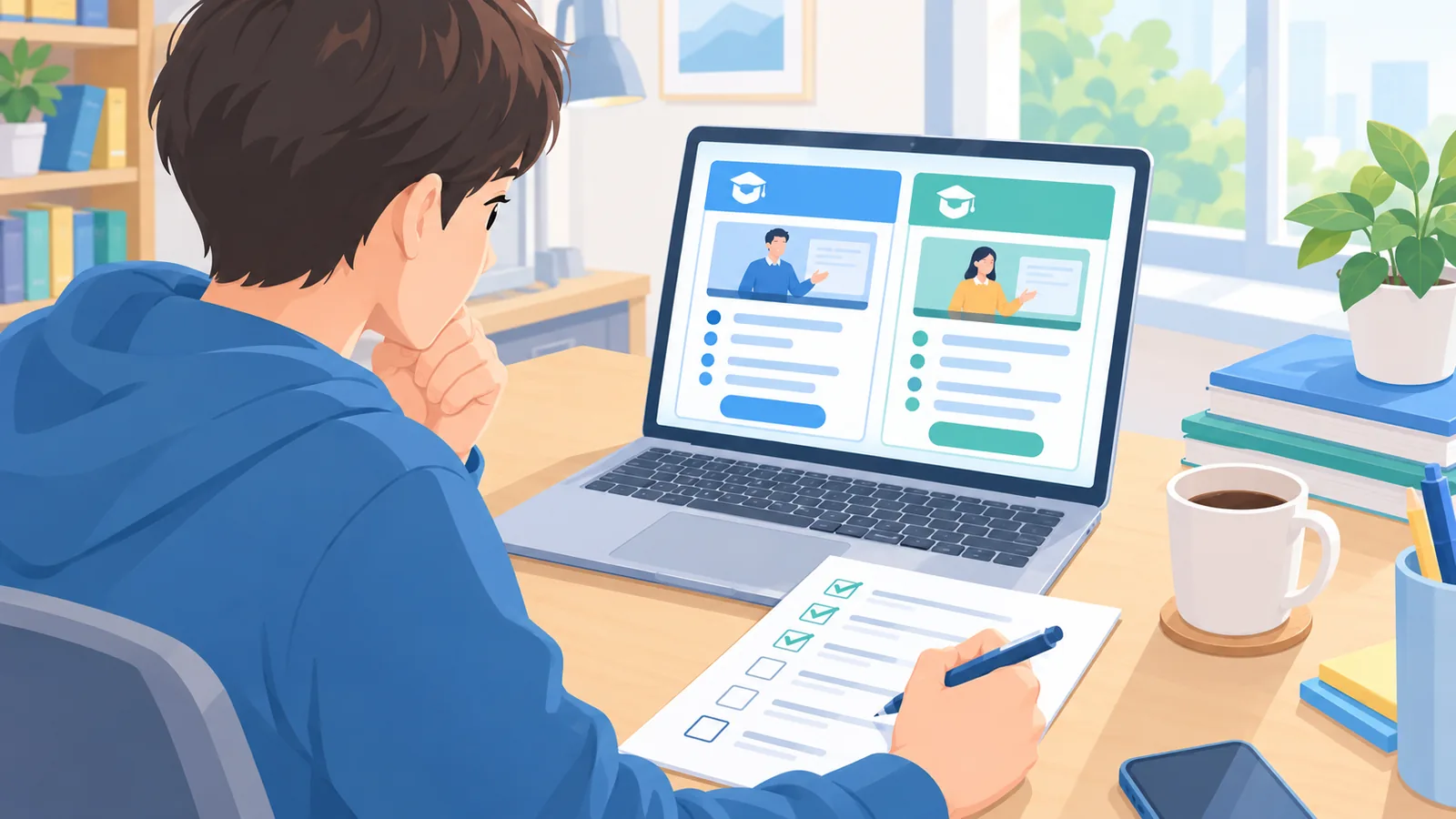 Pessoa marcando um checklist ao comparar opções de curso no notebook