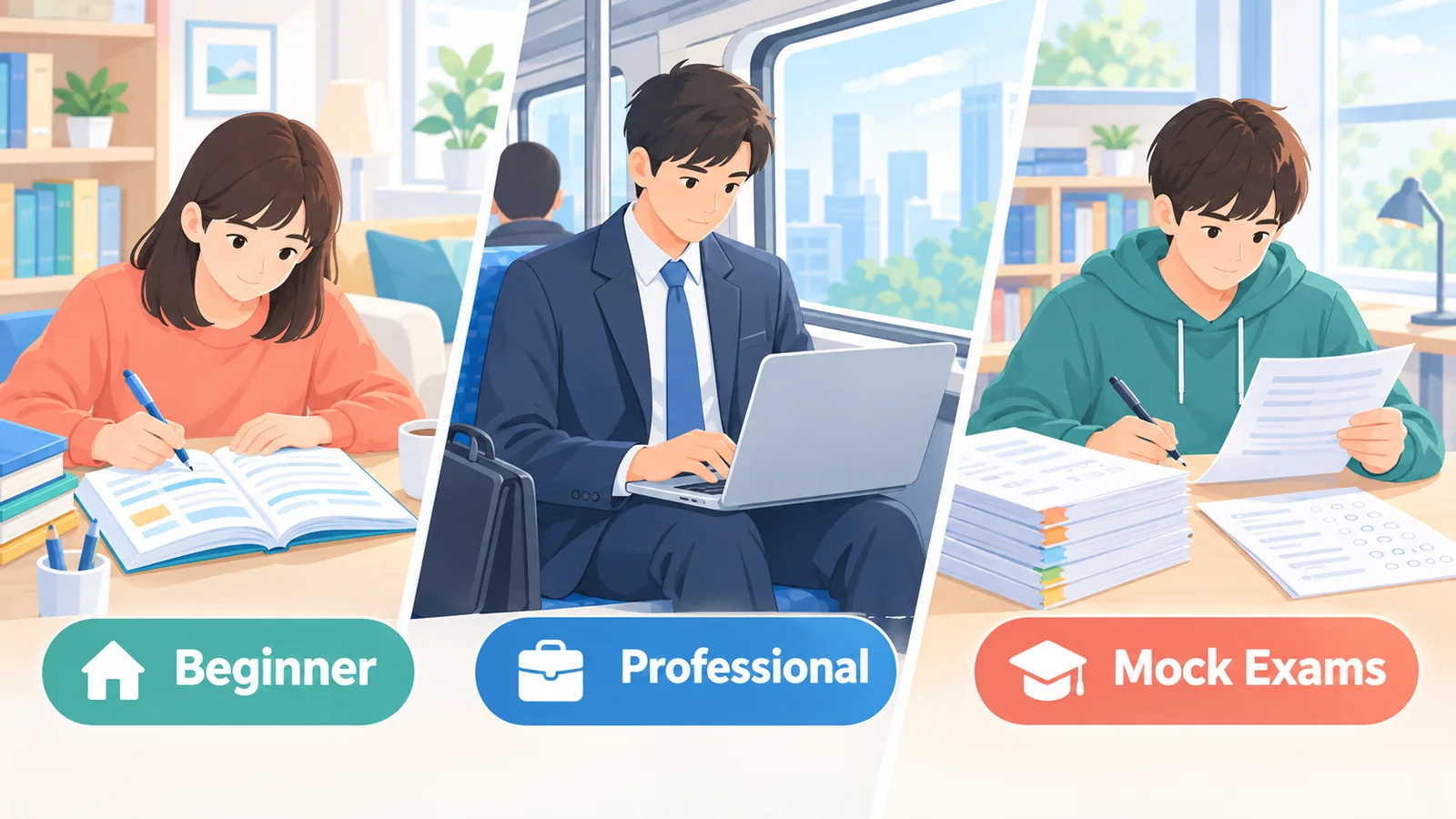 Três perfis de estudante: iniciante, profissional que trabalha e reta final