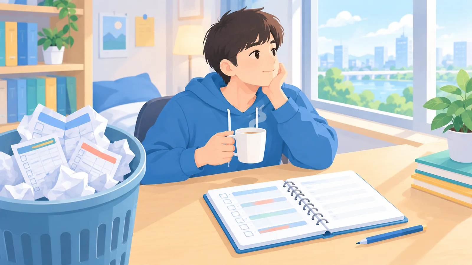 Estudante descansando ao lado de um planner simples e organizado