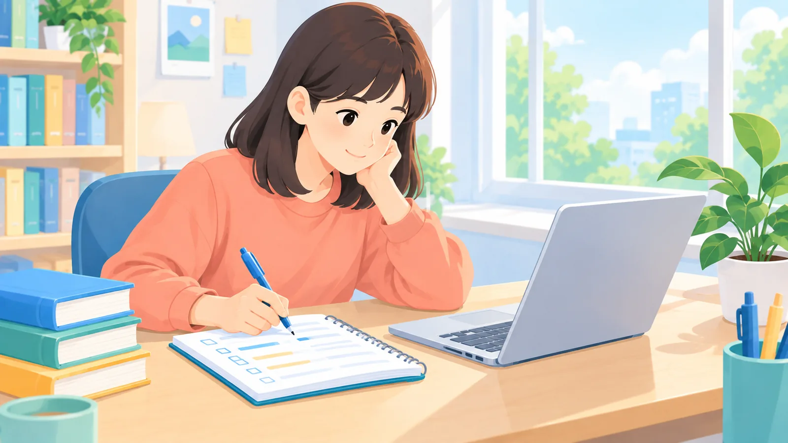 Estudante anotando dúvidas em um canto de estudos acolhedor