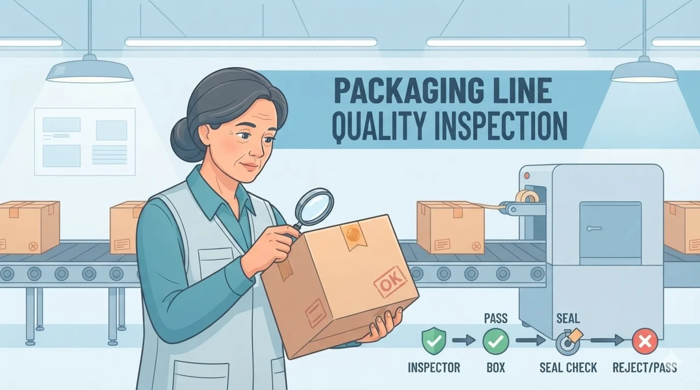 Inspetor de qualidade examinando embalagem em linha de produção