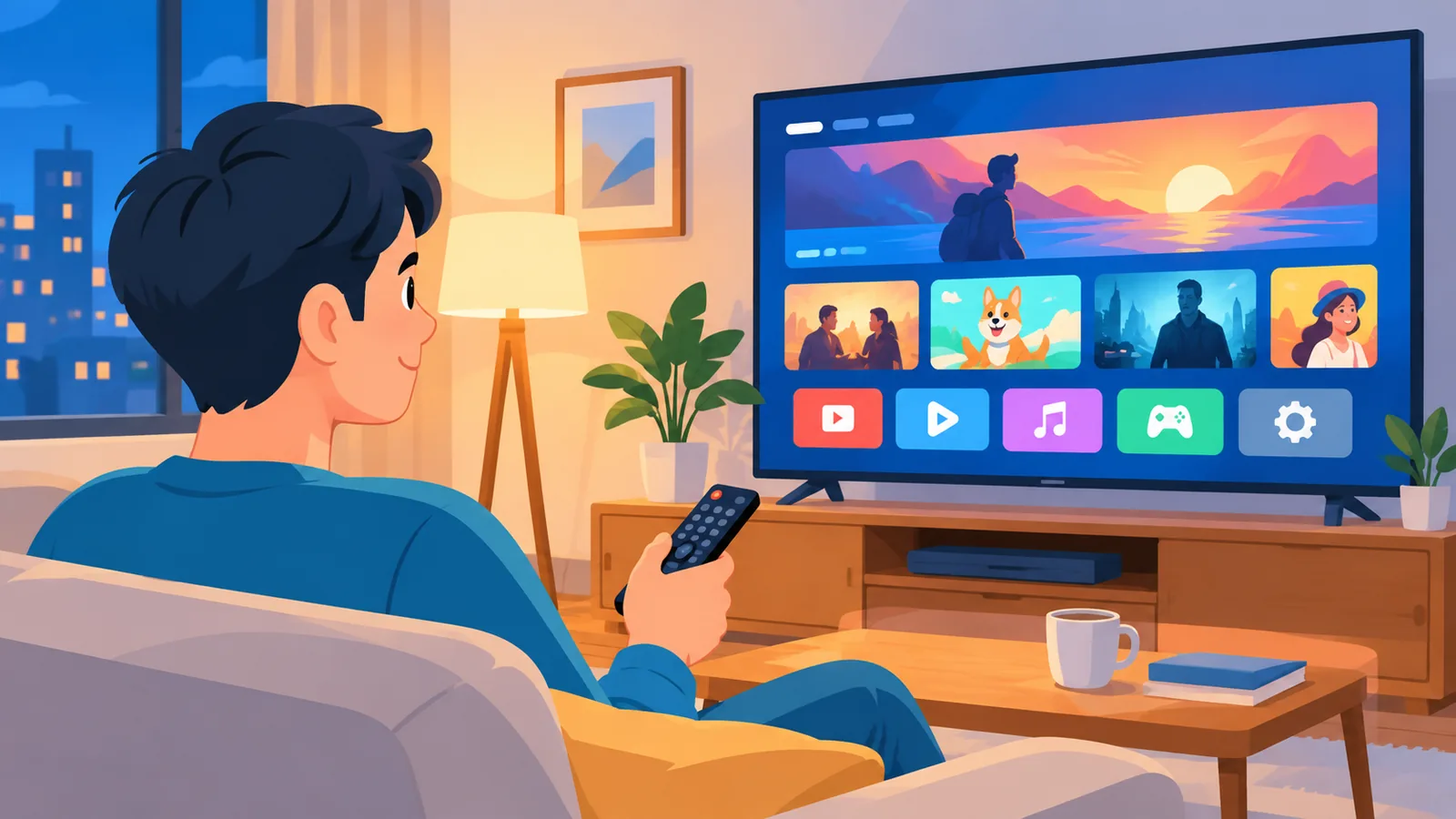 Pessoa no sofá escolhendo um filme na TV da sala