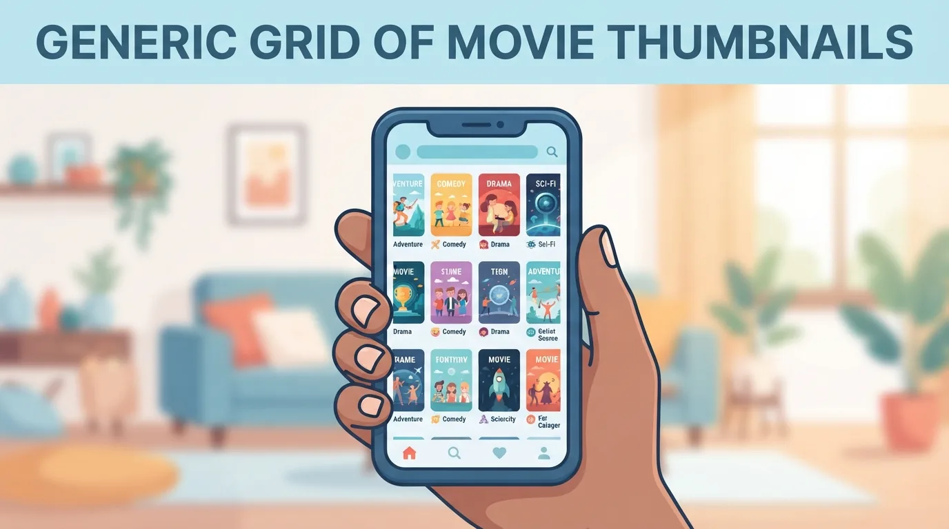Mão segurando um celular com catálogo de filmes na tela