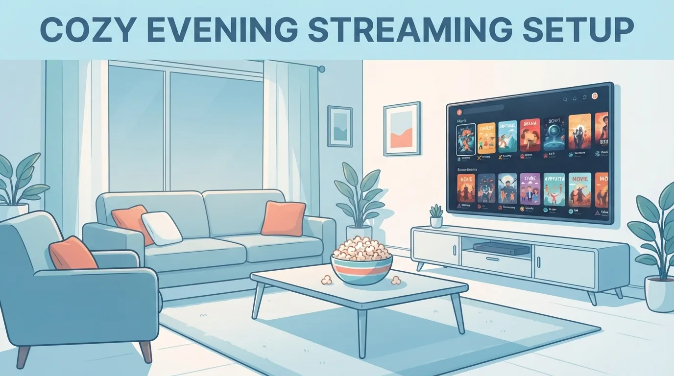 Sala com TV exibindo o catálogo de um serviço de streaming