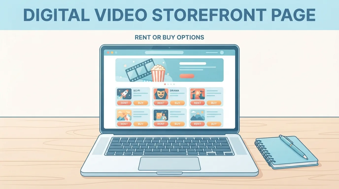 Notebook mostrando opções de aluguel e compra de filmes