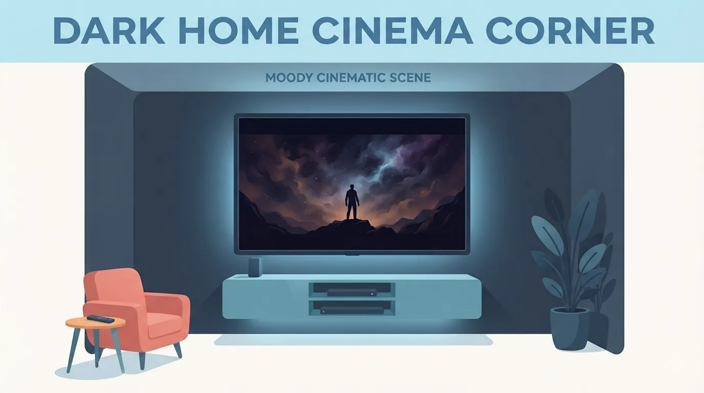 Canto de cinema em casa com TV em ambiente escuro