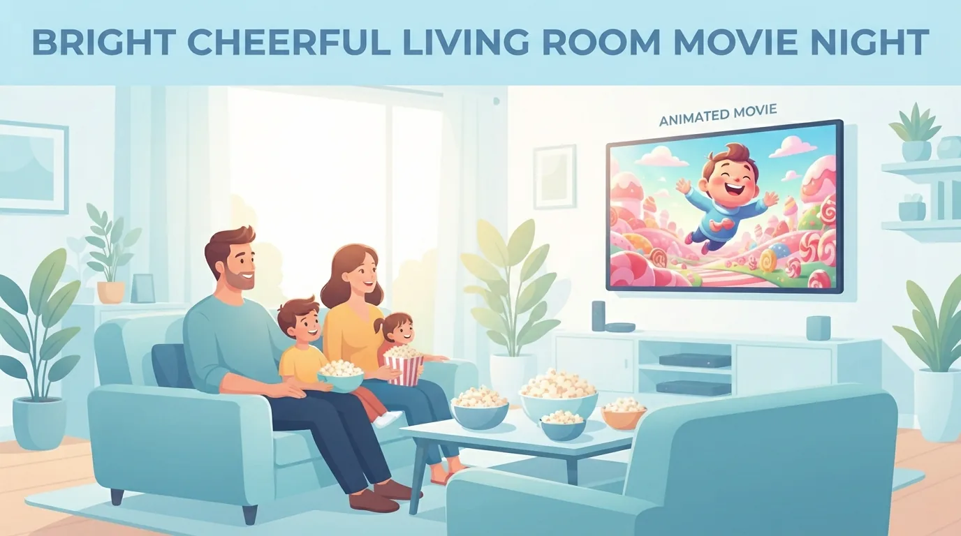 Família assistindo a uma animação na TV da sala