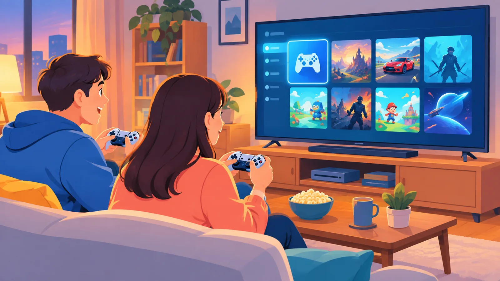 Duas pessoas jogando juntas na sala de estar usando compartilhamento de jogos