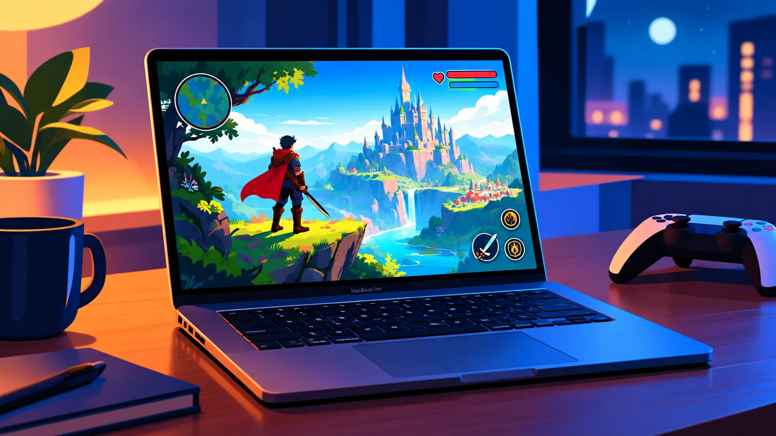 MacBook Pro exibindo jogo de RPG com iluminação ambiente