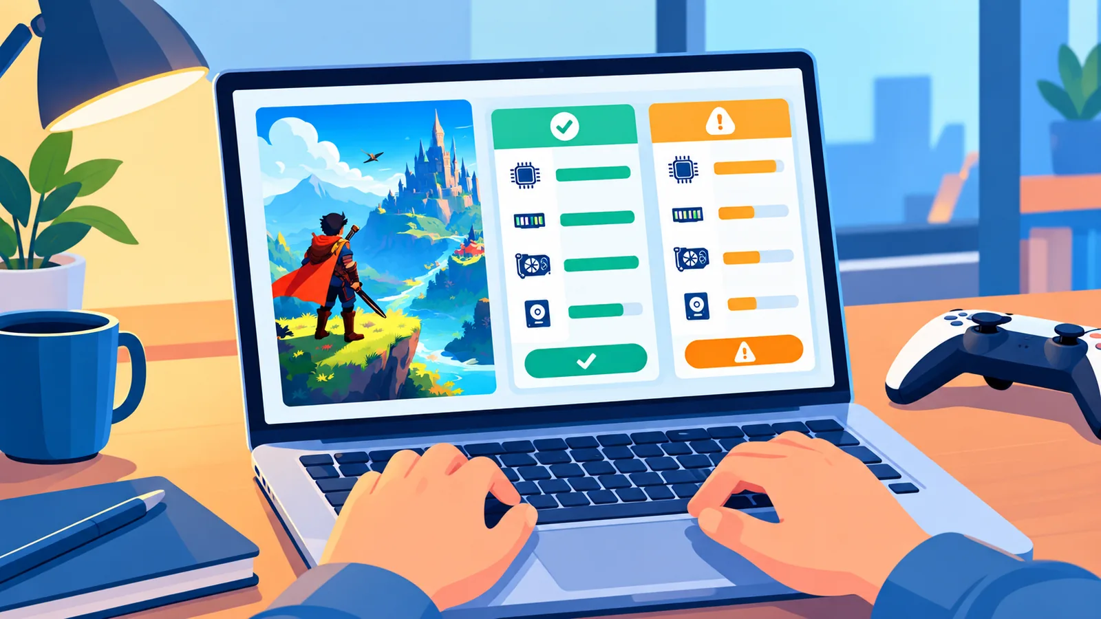 Mãos digitando no teclado do Mac comparando requisitos de jogos