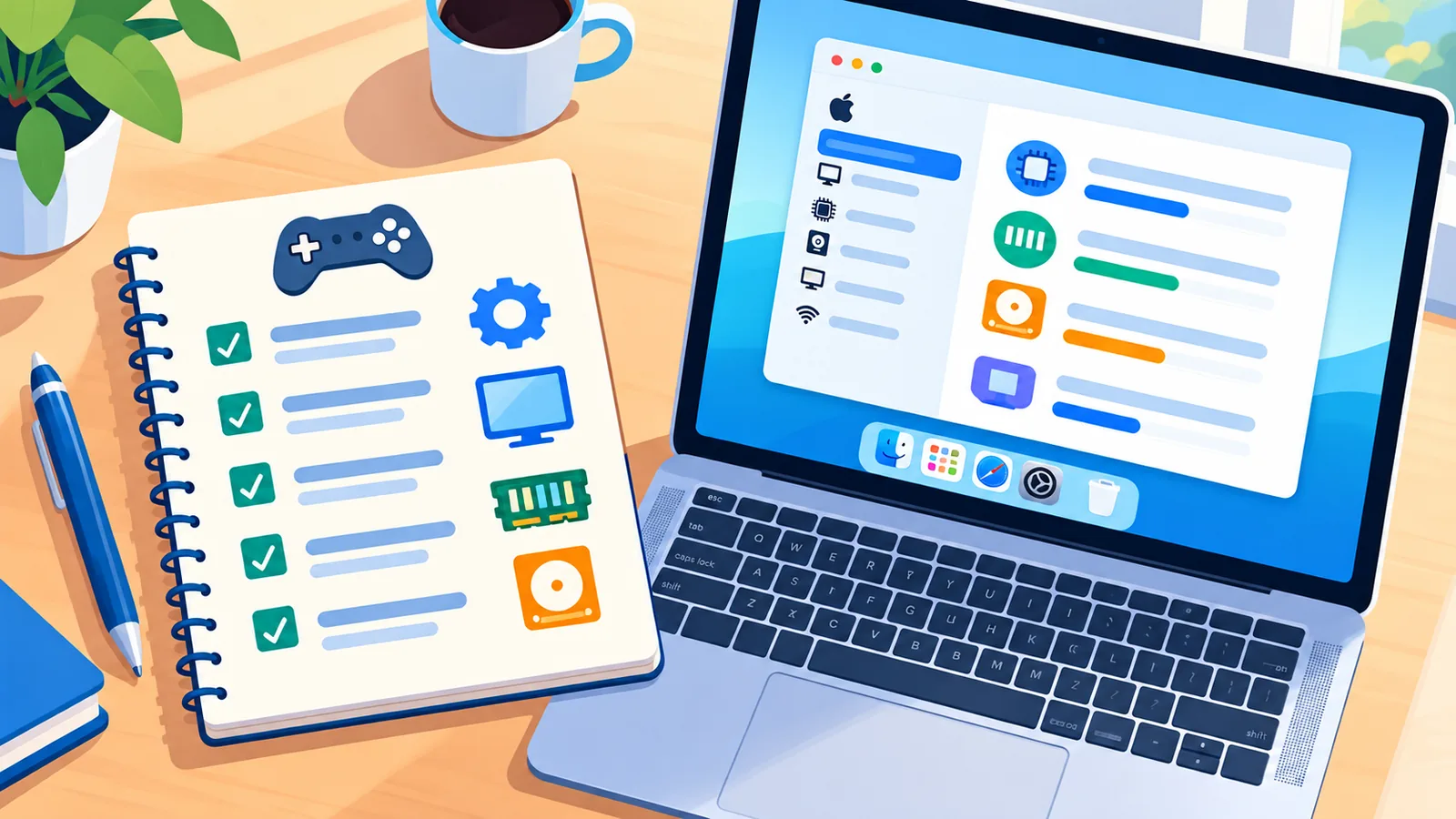 Checklist de requisitos ao lado de um MacBook com informações do sistema
