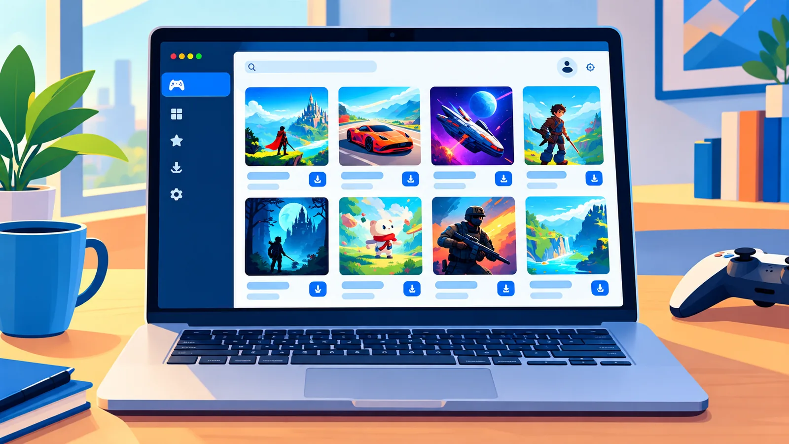 Tela de Mac exibindo biblioteca de jogos em grade colorida